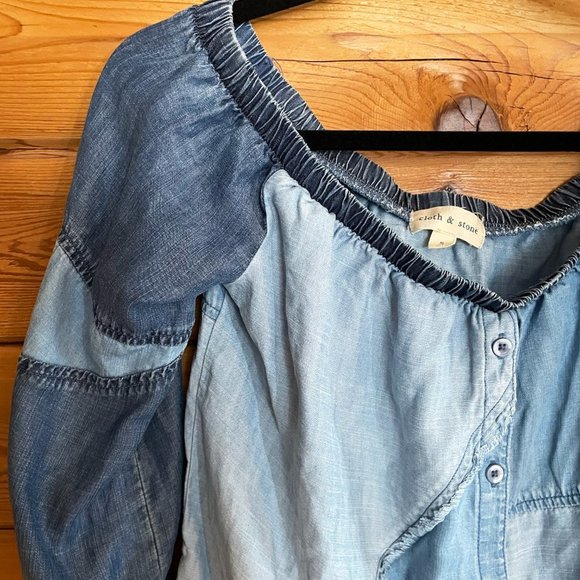 Cloth & Stone Off the Shoulder Chambray Patchwork Top Small - Picture 6 of 7